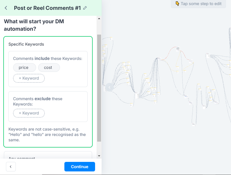 showing how to add keywords to trigger Comment reply on a Post or Reel