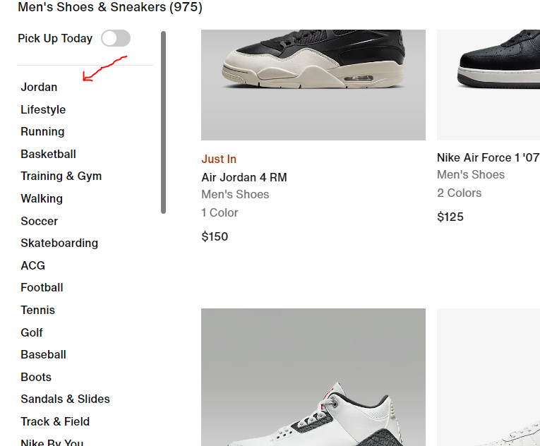 category pages on Nike shoes website