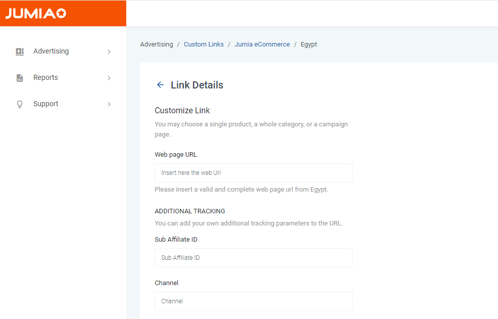 showing how to customize Jumia Affiliate links.